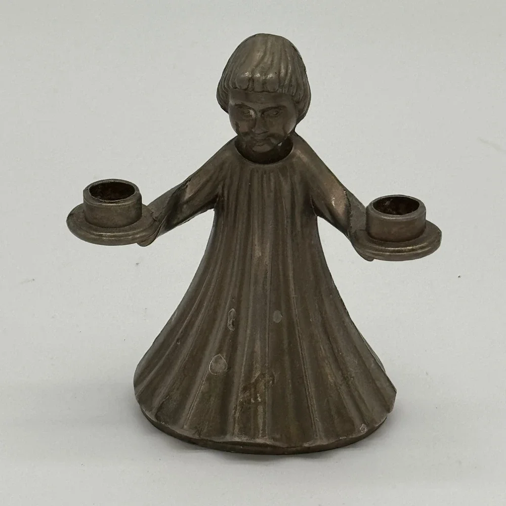 Vintage Metal Choir Boy Candle Holder Double Small Taper Silver Plated 3.5